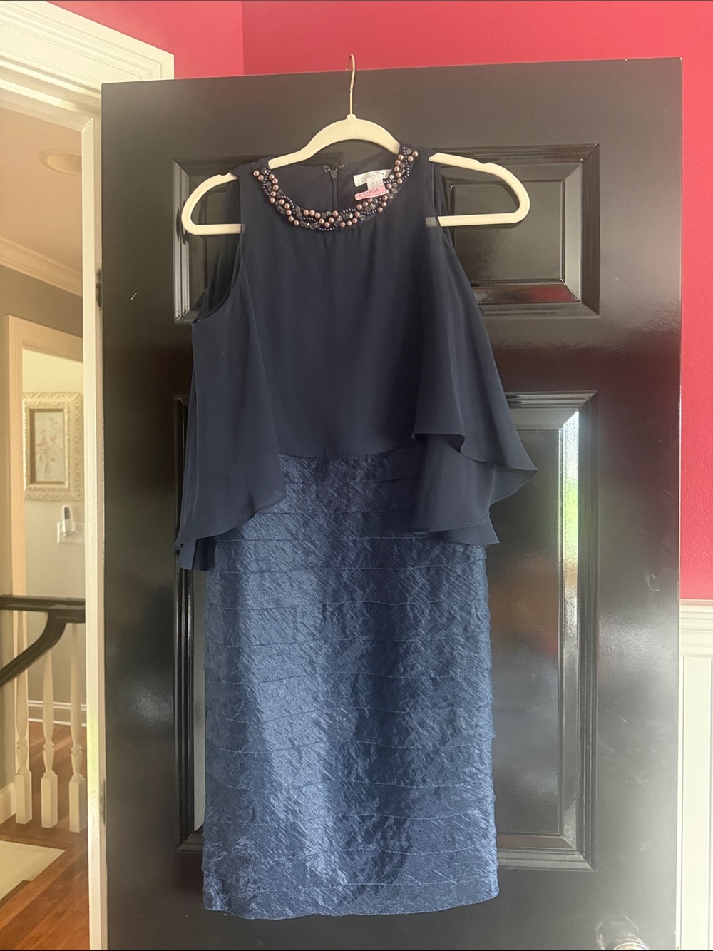 London Times Navy Beaded Neckline Midi Dress